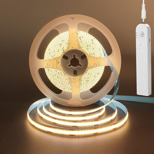 Clearhill 5V Sensor de movimiento Dimmable USB recargable COB led Strip Lights, Batería incorporada de 1500mAh, Tres modos, 9.84FT / 3M, Blanco cálido 3000K, 320LEDs / M