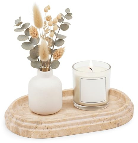 SPESHSTONES Vassoio in travertino da 24 cm, in marmo fatto a mano, per accessori da bagno, vassoi decorativi per tavolino da caffè e portacandele, vassoio per gioielli, organizer per profumi per