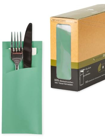 serviettendirekt.de ALLES FÜR DEN GEDECKTEN TISCH Bestecktasche Prime Fit in Eukalyptus 85 x 190 mm, mit weißer Tissue Serviette, Besteck Tasche 100 Stück