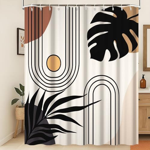 Xiaoterna Sole Linea Tenda da doccia Tenda da bagno astratta retrò Tenda da doccia con foglie nere e sole Tenda da doccia rustica di campagna Tessuto impermeabile lavabile in lavatrice 180x220cm