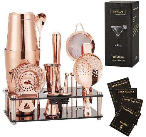 Set Boston Shaker 16 pezzi – Set da Cocktail in Acciaio Inox con Shaker, Colino, Pinza per Ghiaccio, Cucchiaio da Bar, Misurino, Pestello, 4 Picks per Cocktail e 2 Dosatori Liquori (Oro rosa)
