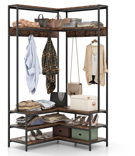 CASART Corner Hall Tree, L-shaped Clothing Rack with Hooks, Shelves, Shoe Bench & Shoe Racks, Freestanding Clothes Stand Entryway Display Shelving Unit for Hallway Bedroom (Rustic Brown+Black)