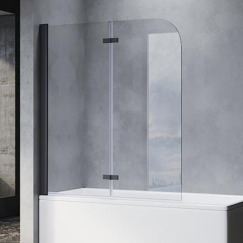 SONNI Mampara de Bañera 120x140cm, Pared de Bañera Negra con Plegable 180°, Cristal Transparente 6mm Pared de Bañera Ducha