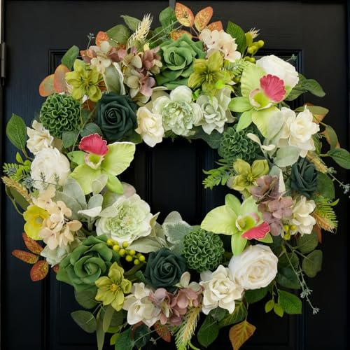Egolot 22 Inch Green Orchid Spring Everyday Wreath for Front Door, Indoor Outdoor, Rustic Farmhouse Style, Artificial Flowers and Foliage