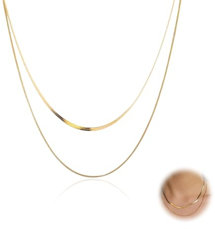QttvbTna 18K Gold Plated Snake Chain Necklace, Adjustable Layered Herringbone Waterproof Thin Stacked Dainty Set for Women Girl Gifts Jewelry