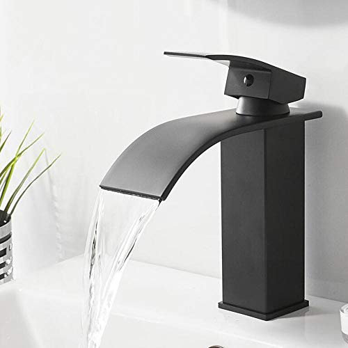 MRKU Waschtisch-Mischbatterie Wasserfall-Waschbeckenarmaturen aus Messing, heiß und kalt, Unterbauwaschbecken, Waschtischarmatur, Einloch-Badarmatur-Schwarz