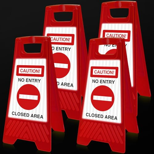 Fuutreo 4 Pcs Reflective No Entry Sign 24 Inch Portable Handle Standing Closed Area Warning Sign Collapsible Two Sided Caution No Entry Sign for Indoor Outdoor Commercial Street Public Areas (Red)