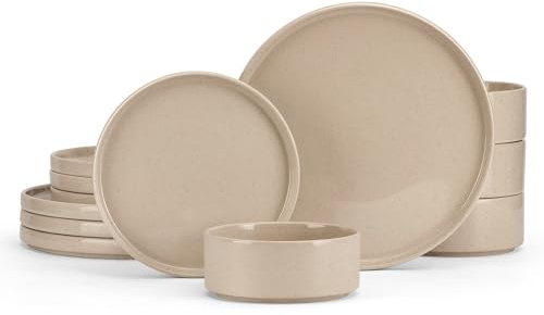 E-far Stoneware Dinnerware Sets, 12-Piece Plates and Bowls Dish Set for 4, Kitchen Modern Dinning Ware, Chip and Scratch Resistant, Microwave & Dishwasher Safe, Speckled Khaki