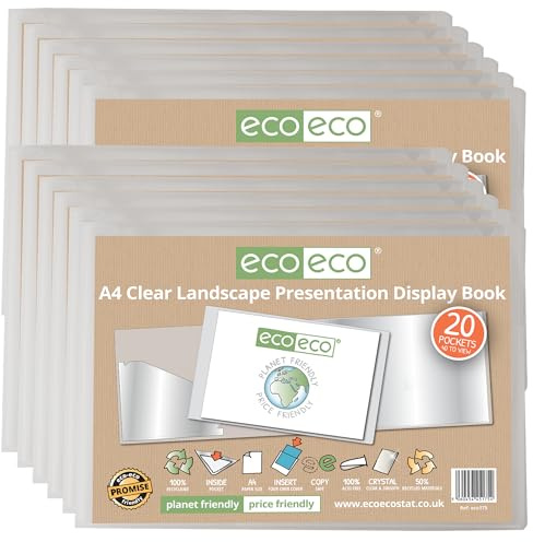 eco-eco Präsentationsmappe, A4, 50% recycelt, 20 Hüllen, transparent, Querformat, Aufbewahrungsetui, Kunstmappe mit Kunststoffhüllen, 12 Stück, eco175 x 12