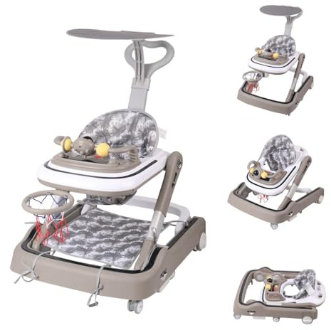 Lauflernhilfe für Babys mit Spielset und Bodenmatte, robust, faltbar, mit 5 verstellbaren Positionen, ideal als Gehhilfe für die ersten Schritte Ihres Kindes (Khaki-65 x 58 x 90 cm)