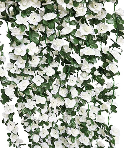 ASDJHFABKY Guirnalda de Flores Artificiales de 5 Piezas, Rosas Falsas, Hiedra, para Colgar en la Pared, cestas Colgantes, Arco de Boda, decoración de Fondo de jardín (Blanco, 5 Unidades)