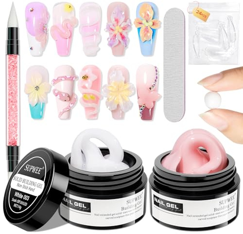 SUPWEE 3D gelnagelkonst, vit rosa non-stick nagelförlängning, fast bygggel för naglar handskulpturer bygggel multifunktionell skulptur nagelkonst för naglar gör-det-själv & salong 14 g