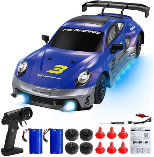 Mostop Remote Control Car 1/16 Scale 4WD RC Drift Car, High Speed Drifting RC Cars with LED Light Spray, 2 Batteries and Extra Tires, Hobby RC Sport Racing Cars Model Vehicle for Kids Adults (Blue)