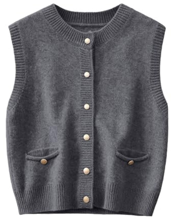 PODOLIXIA Gilet in maglia da donna, senza maniche, corto, in cashmere, con bottoni, senza maniche, tinta unita, casual, da donna