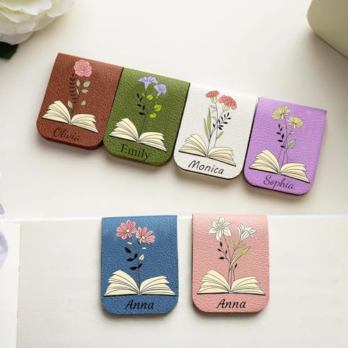 Personalisiertes Magnetisches Lesezeichen with Gravur Namen Geburtsblume bedruckt PU Leder Lesezeichen magnetisch für Freunde Leser Lehrer Leseenthusia (Stil Design 1)