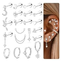 CASSIECA 21Pcs Pendientes Mujer Plata Piercing Oreja Acero Quirurgico Pendiente Aro Plata Hipoalergenicos Piercing Helix Tragus Cartílago Conch para Múltiples Piercings Mujer Hombre