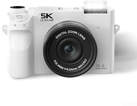 Cámara digital 5K Ultra HD, lente dual de 75 MP con zoom de 18x y conectividad WiFi para transmisión y creación de contenido, ideal para viajes y estudiantes (blanco)