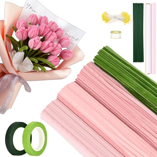Pfeifenreiniger Blumen Set, 400 Stück Pfeifenputzer Zum Basteln , Mit Grüne Blumenstöcke, Blumenstraußverpackungen, Klebebandrollen, Anleitungen, Bänder, Geschenkpapier für DIY-Kunsthandwerk, Rosa