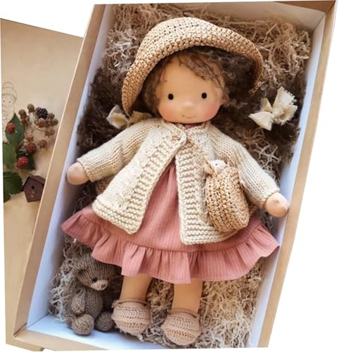 Stoffpuppe mit Box, 27, 9 x 5, 1 x 12, 7 cm, Stoffpuppe mit Hut, Tasche, Schuhen und mehr, Dekoration, niedliches Stoffpuppenspielzeug für Babys und Kleinkinder, ideal für Weihnachten, Geburtstag