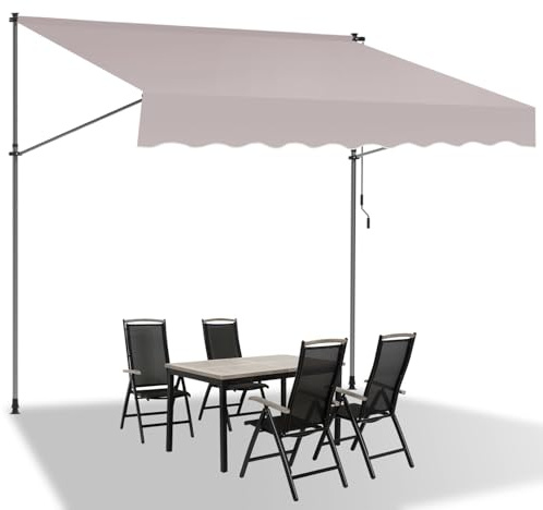 Ollewiellan Klemmmarkise 350cm Breit mit Handkurbe, Balkonmarkise ohne Bohren, Markise Höhenverstellbar UV50+ Sonnenschutz wasserabweisend, einfache Montage, Beige
