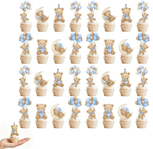 Cupcake Toppers, 32Pcs Baby Shower Cupcake Toppers, Baby Shower Cake Decorations, Teddy Bear Theme Cake Topper for Gender Reveal Party 1st Birthday Christening Celebrations Boy Girl Kids Cakes