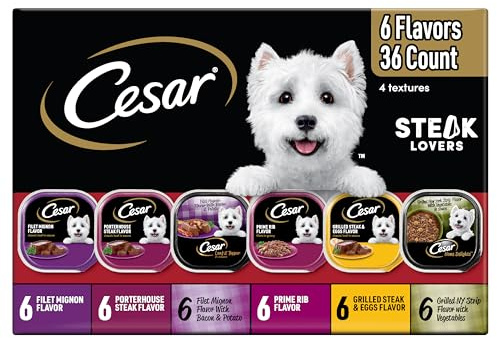 Cesar Adult Wet Dog Food Steak Lovers Variety Pack with Real Meat, 3.5 oz. Easy Peel Trays, 36 Count (Pack of 1)