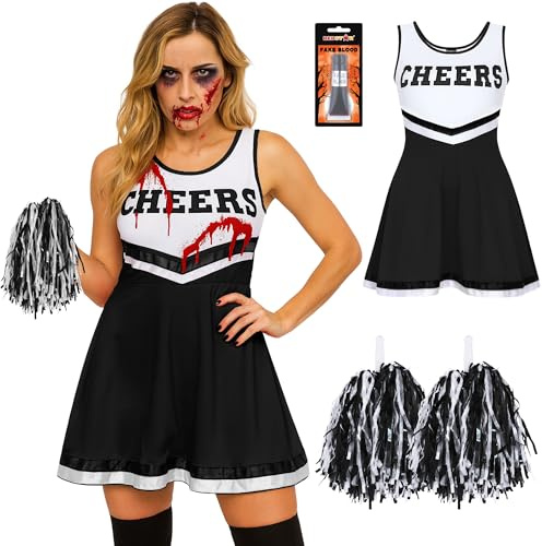 REDSTAR Cheerleader Kostüm Damen mit Pompons & Kunstblut – Gruseliger High School Zombie – Halloween Party oder Karneval