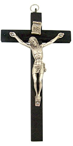Catholic Crucifixes Black Wooden Cross with Silver Toned Christ Corpus Crucifix Pendant, 4 Inch