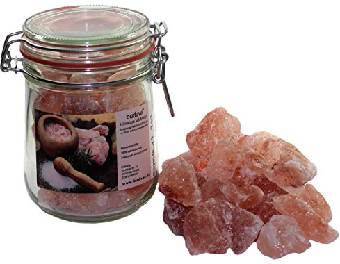 Budawi® Salzkristalle aus Salt Range in Pakistan im Glas (Brocken bis Ø 6 cm) unjodiert Küchensalz Natursalz Unbehandelt Salt Speisesalz Badesalz Saunasalz