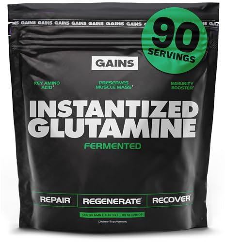 Gains in Bulk L-Glutamine, Gluten Free Glutamine Powder for Muscle Recovery and Growth, Post Workout Support, Amino Acid Supplement, Promotes Protein Synthesis, Non GMO, Unflavored, 90 Servings