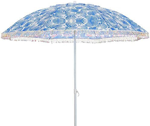 zeitzone Sonnenschirm Strandschirm Blau Weiß mit Muscheln Garten Camping Erdspieß Ø 180cm