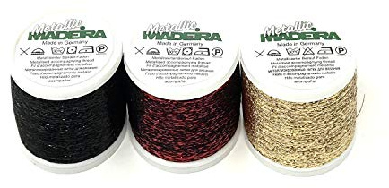 Camtiac Madeira Beilaufgarn sehr feines metallisiertes Beilaufgarn Farben: Schwarz - Rot - Gold 3x1000 Meter Snapspule