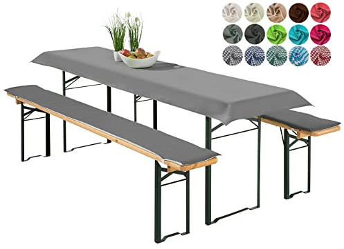 heimtexland ® Bierzeltgarnitur Auflagen Set 3-teilig Tischdecke Bierbankauflage Polster Kissen Biergarnitur Typ698 Anthrazit für Tischmaß 70x220 cm