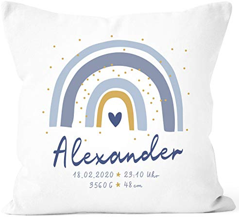 SpecialMe® personalisierbarer Kissen-Bezug zur Geburt Regenbogen Namenskissen Herz Geschenk Geburt Baby Jungen weiß 40cm x 40cm