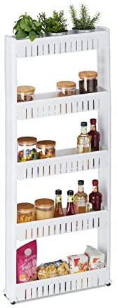 Relaxdays Nischenwagen, 5 Ablagen, schmales Nischenregal für Bad & Küche, HBT 131x12,5x54 cm, Rollregal Kunststoff, weiß