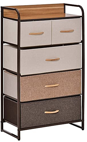 HOMCOM Cómoda con 5 Cajones de Tela Plegables, Cómoda para Dormitorio Estrecha con Marco Metálico, Cajonera para Espacios Pequeños, Sala de Estar, Vestidor, Baño, Multicolor