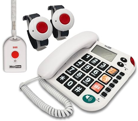 G-TELWARE MAXCOM KXT481SOS 2023-2024er Modell Haus Notruf Seniorentelefon mit Funk-SOS-Sender, Festnetztelefon - 2 Armbandsender + 1 Handsender mit Schlaufe, Carbonschwarz, Standard