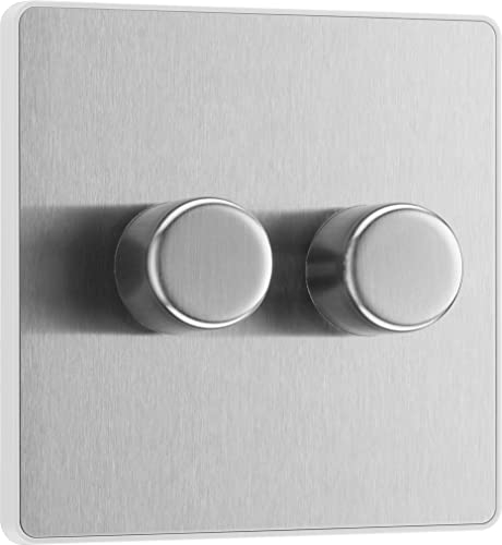 BG Electrical Intelligent Double Wall Dimmer Switch, 2 Way, Screwless Front Plate, Evolve, Brushed Steel, 200W, PCDBS82W