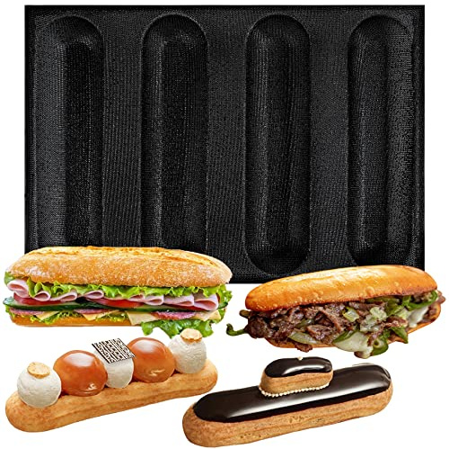 musykrafties Baguette Tray 4 Loaf Hot Dog Silicone Mould Mini French Bun and Bread Baking Non-Stick Bakeware Pan Sandwich Eclair Mold Giant Size Per Hole 26x6.4x3.3cm