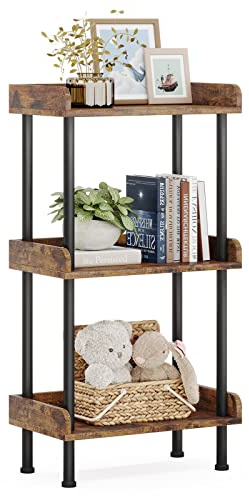 Hosfais Bookshelf Small Book Shelf, 3 Tier Wood Bookcase Industrial Bookshelf Metal Standing Book Shelves Display Book Rack for Living Room Bedroom Home Office (Rustic Brown)