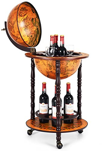 KOMFOTTEU Porte-bouteilles de Vin Avec Roues, Globe Bar en Bois Eucalyptus, Chariot Mini Bar de Style Classique (47 x 47 x 90 cm, Marron)