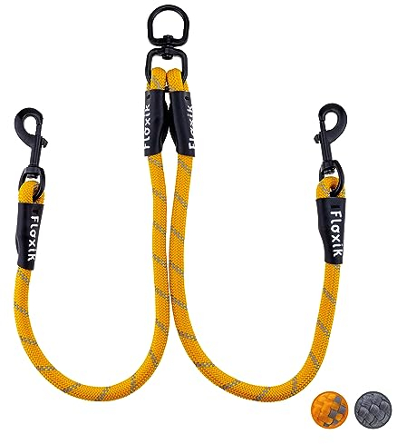 Floxik Tau Doppelleine für 2 Hunde grau/orange - reflektierend, dehnbar und verhedderungsfrei – Doppelte Hundeleine zum Koppeln - perfekt für kleine bis mittelgroße Hunde