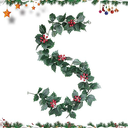 1.7/2 m Christmas Garland Decorations Fake Ivy Garland Artificial Foliage Fake Leaves with red berries Green Leaves Garland Hanging Plant for Wall Wedding Arch Party Garden Table (A)