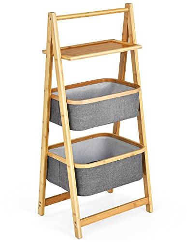 Multigot Laundry Basket (Unfolding with 2 Baskets +1 Shelf) | Bamboo Laundry Hamper with Towel Rack & 2 Fabric Baskets, Freestanding Dirty Clothes Organizer Unit for Bathroom Bedroom