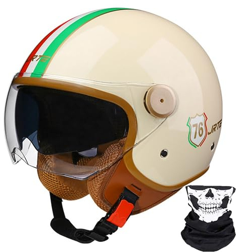 Casque De Moto, Demi-Casque De Moto Rétro 3/4 Ouvert avec Double Visière, pour Hommes Et Femmes, Casque De Scooter, VTT, Cruiser, Approuvé ECE/Dot 10,XL60-61cm
