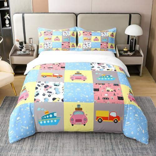 richhome Cartoon Auto 100% Bio-Baumwolle Tröster Abdeckung LKW Fahrzeuge Schiffsbau Bettbezug Set 200x200 Gitter Geometrische Rosa Blau Gelb Bettwäsche Set mit 2 Kissenbezügen