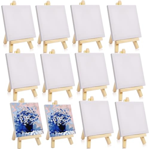 Erinnmy Mini Leinwand und Staffelei Set - 10 Stück Holz Dekoration, Tischstaffelei Ständer, 10 x 10 cm Leinwand Mit 15 x 8.2 cm Staffelei für Kinder Malen Party