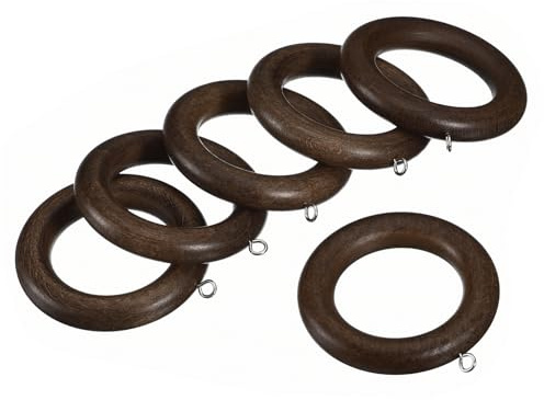 Uxcell 6Pcs Wooden Drapery Rings, 2.75 Inch Wood Ring Hook With Screw Eye for Curtain Rod, Walnut