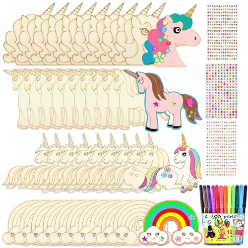40 Stück Einhorn Bastelset, Einhorn Bastelset Kit zum Bemalen, Malen Deko | Holzbastelsets für Kinder mit 12 Aquarellstift, 3 Paillettenaufklebern, Kindergeburtstag Basteln, Kinder DIY Holz Deko