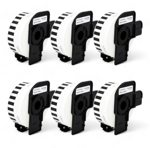 6 Rollen DK-22210 Endlos-Etiketten (29mm x 30,48m pro Rolle) Schwarz auf Weiß, Kompatibel mit Brother QL-Druckern, Thermopapier für klare Adress-Labels, Adressetiketten, Bilder und Barcodes
